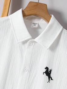 SHEIN 2pcs Kids/Tween Boys' Casual Everyday Printed Pattern Collared Open Front Loose Long Sleeve Solid Shirt And Straight Loose Pants Set, Suitable For School, Garden, Beach, Birthday, Spring, Summer, Autumn, Winter Fall - Brown - View 4