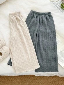 Genkimix Kids 两件套少女时尚简约3D提花针织宽松直筒裤，灰色和米色组合，适合秋季日常穿着。 - 灰色 - 查看 2