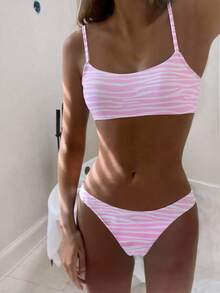 Swim Mod Summer Beach Zebra Stripe Bikini Set Wireless Bra Top & High Cut Bikini Bottom 2 Pieces Bikini - Baby Pink - View 3