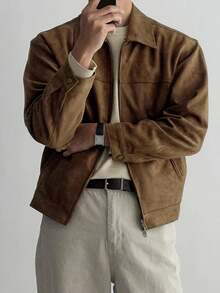 DAZY Men's Solid Brown Suede Faux Fur Jacket, Autumn