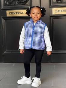 女童背心，休闲可爱百搭，蓝色格子绗缝背心，秋冬女童蓝色背心，蓝色格子背心，儿童蓝色背心 - 藍白色 - 查看 5