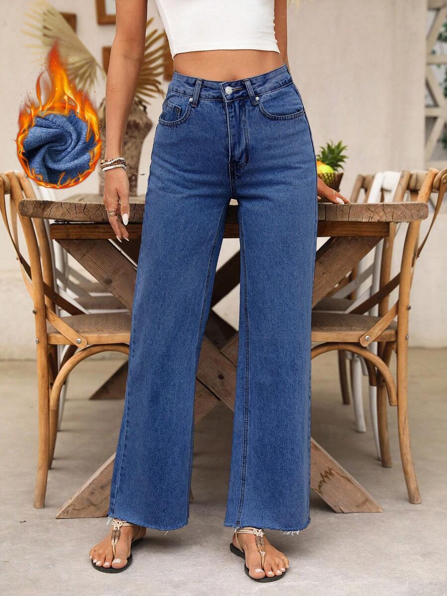 SHEIN LUNE Quần jean ống đứng túi cài nút đa năng thường ngày dành cho nữ - Rửa trung bình - Xem 1