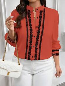 EMERY ROSE Áo sơ mi dài tay cổ và tay áo viền màu tương phản cỡ lớn mặc thường ngày/đi làm - trái cam - Xem 5