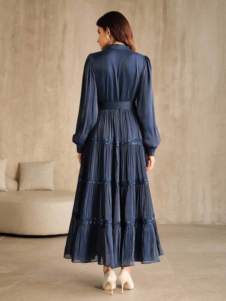 Anewsta Women's Chiffon Round Neck Lace Patchwork Long Sleeve Dress, Autumn/Winter - Royal Blue - View 2