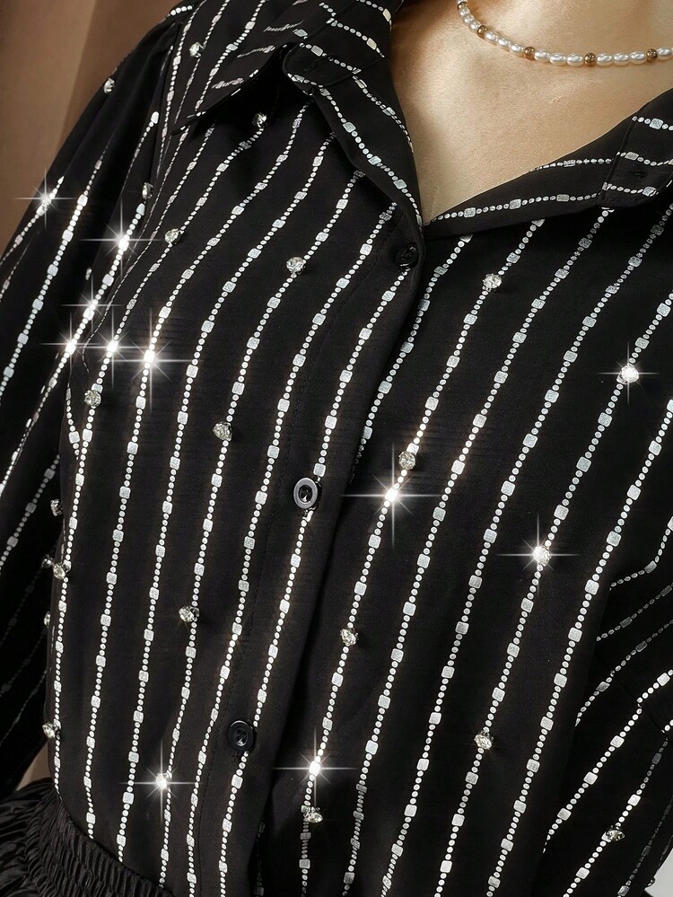 SHEIN Clasi 女士黑色长袖水钻装饰衬衫 - 黑色 - 查看 7