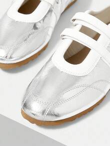 Minimalana Color Block Round Toe Flat Ballet Flats For Women, Hook And Loop Casual Shoes - Silver - View 4