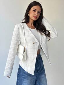 Firerie Women's Elegant White Tweed Short Jacket,Autumn Office V-Neck Metal Buckle Asymmetric Hem Long Sleeve Elegant Minimalist Commuter Urban Chic Casual - White - View 9