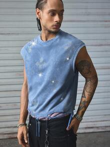 AXEPEAK 男士夏季休闲黑色无袖背心，做旧下摆，水钻装饰 - 藍色 - 查看 3