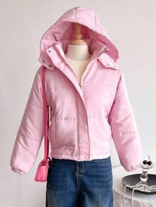 Sweetra Young Tween Girls' Padded Coat, Casual All-Match Versatile, Hooded Long Coat - Baby Pink - View 3