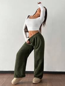 SHEIN PETITE 女士秋冬街头时尚休闲复古灯芯绒纹理裤 - 軍綠色 - 查看 4