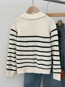 SHEIN Tween Girl Black And White Striped Autumn Knitted Polo Collar Sweater,Casual Back-To-School Ribbed Pullover,Everyday Wear Holiday Collegiate Fashion - Black and White - View 6