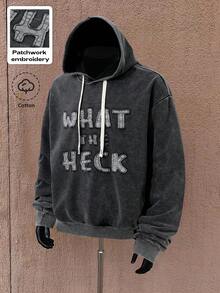 Manfinity Roghcode Men's Dark Grey Cotton Hoodie,Minimalist Streetwear Pullover Sweatshirt With Contrast Embroidery,Autumn Holiday Back-To-School Snowflake Texture Gift - Black - View 3