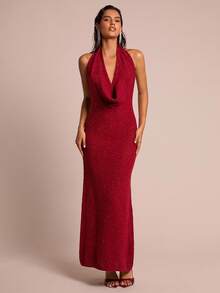 SHEIN Glamour Đầm ôm body đính kim tuyến cổ khoét sâu gợi cảm dành cho nữ - Đỏ - Xem 5