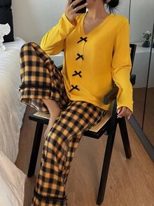 SHEIN Women's Casual Contrast Color Lace Trim Plaid Pajama Set, Fall Clothes