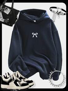 SHEIN Sparklyn Tween 女童休闲可爱时尚蝴蝶结印花连帽运动衫，秋冬新品