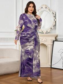 Modelyn Plus Size Women Tie-Dye Print Round Neck Long Sleeve Ruched Fitted Elegant Dress