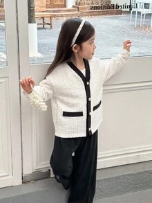 Genkimix Kids Set de 2 piezas con chaqueta de hombros caídos y pantalones rectos con decoración de bolsillo para niña casual - Beis - Ver 6