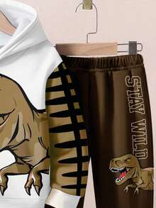 SHEIN 2 件套男童宽松休闲卡通动物、恐龙、风景、3D、涂鸦超大图案连帽卫衣套装，舒适秋冬