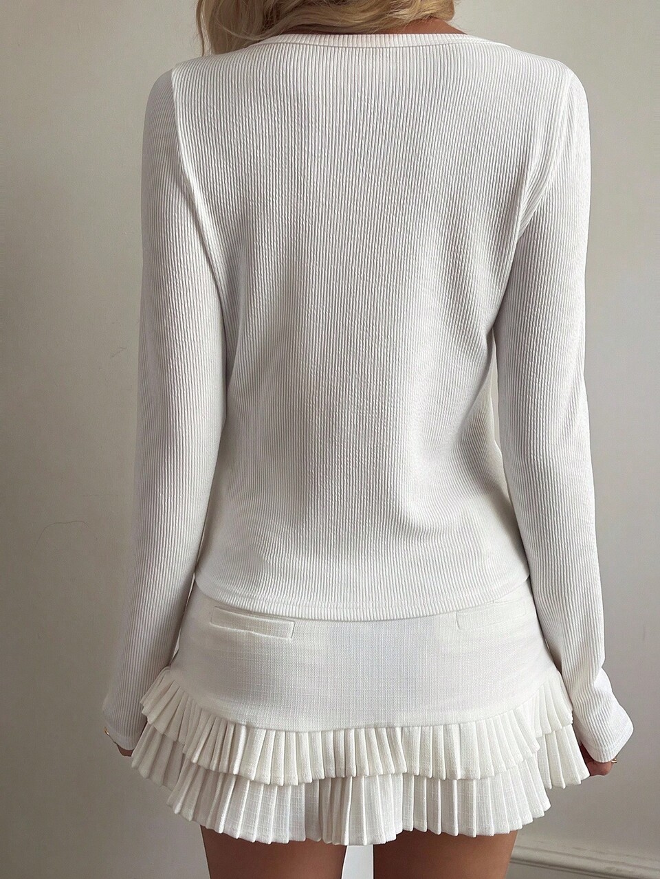 Women's Solid Color Minimalist Long Sleeve V-Neck Fitted T-Shirt, Suitable For Everyday Wear In Autumn All White 2 Piece Set