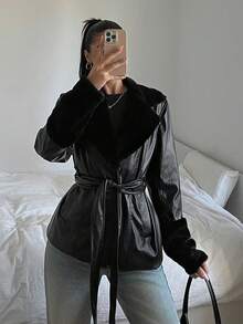 SHEIN EZwear Áo khoác PU chắp vá tay dài màu trơn có dây rút cho mùa thu/đông - màu đen - Xem 6