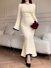 DAZY 女式优雅撞色鱼尾毛衣裙，秋季 - 米色 - 查看 4