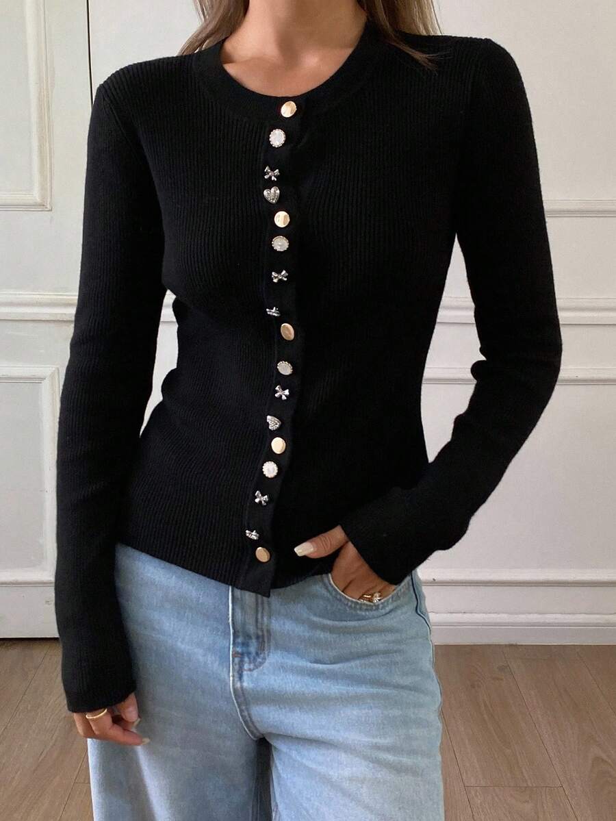 Livesso Cardigan francez cu un singur nasture pentru femei, toamnă - Negru - Vizualizare 1