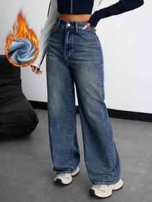 SHEIN EZwear 保暖内衬口袋休闲感恩节圣诞节直筒牛仔裤 - 深色水洗藍 - 查看 6