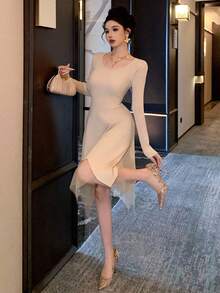 DAZY Women's Autumn Patchwork Asymmetrical Hem Waist Cinched Sweater Dress