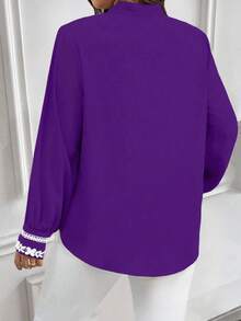EMERY ROSE Plus Size Contrast Color Trim Collar & Cuff Casual/Work Wear Long Sleeve Shirt - Purple - View 2