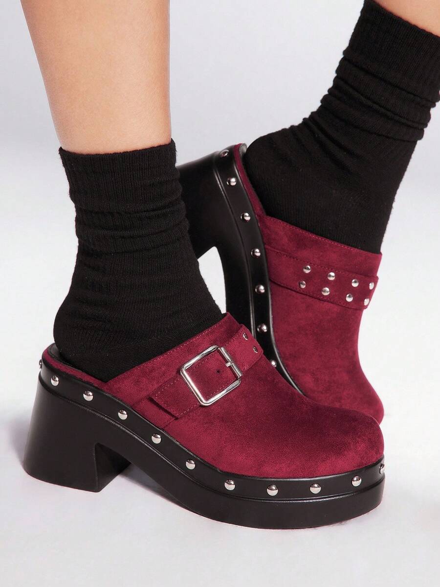 Sugerpunk 女士厚底纯酒红色扣饰高跟鞋，适合夏季 Y2K 朋克时尚街头运动哥特风格、春假复活节 - 酒紅色 - 查看 1