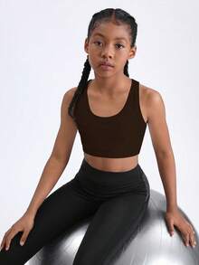 SHEIN Girls' Brown Sports Bra Sleeveless Scoop Neck Crop Top For Tweens Comfortable And High Elastic Fabric For Activewear - Brown - View 5