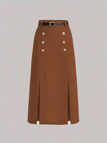 SHEIN Clasi Women Corduroy A-Line Buttoned Slit Elegant Skirt