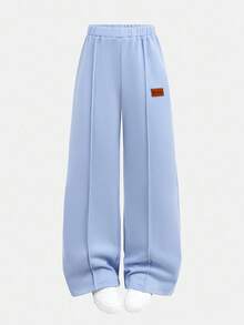 SHEIN 青少年女孩休闲宽松舒适圆领长袖短款连帽衫和裤子套装 - 淺藍色 - 查看 11