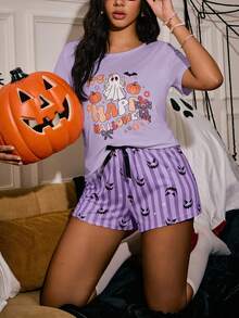 SweetSlumber Rundringad pyjamasset för kvinnor med Halloween-spökrosé och randigt leende ansikte - Blåröd - Visa 4