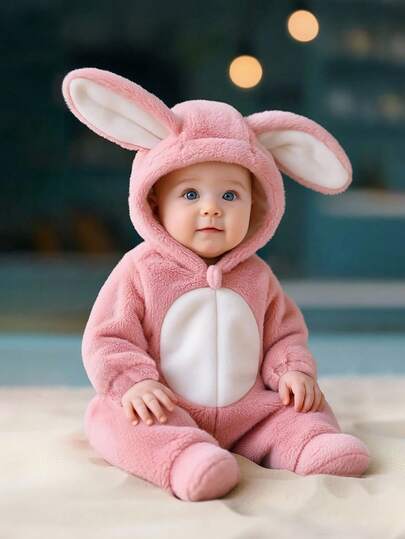 SHEIN Playful Pals Newborn Fleece Hooded Romper With Cute 3D Rabbit Ears, Long Sleeve And Pants, Winter Outfit For Kids Fall