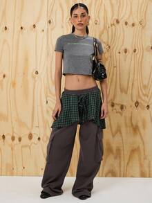 COUREZ Low Rise Oversized Cargo Joggers With Layered Check Skirt /Y2K Going Out For Women Spring For Women Rave Casual Wide Leg Pants - Black - View 7