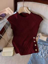GlowEve Women's Solid Color Round Neck Button Decor Casual Versatile Knit Top