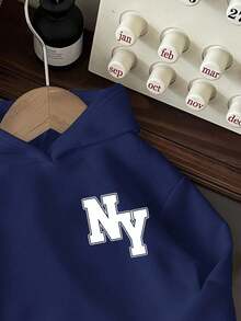 Áo sweatshirt dài tay dáng rộng, họa tiết hoạt hình NY tối giản, phong cách thường ngày cho bé trai tuổi teen, thích hợp cho mùa thu/đông. - Màu xanh hải quân - Xem 3