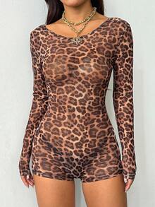 SHEIN PETITE Sexy Vintage Leopard Print Mesh Bodysuit, Women Long Sleeve Sheer Tight-Fitting Jumpsuit Cheetah Print - Brown - View 4