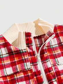 ROMWE MEN Prep Men's Plaid Long Sleeve Zip-Up Casual Jacket, Autumn/Winter - Red and White - View 3