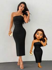 SHEIN PETITE Gold Color Brooch Decor Asymmetric Neck Ruched Fishtail Dress,Wedding Guest Dress Women - Black - View 2