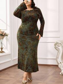 Modelyn Damen Kleid in Große Größen mit Blumenmuster, rundem Ausschnitt, Langarm und Raffungen, elegantes Design