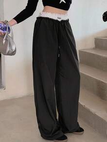 FRIFUL 女士纯色腰带撞色蕾丝面料撞色刺绣字母宽松直筒裤，休闲百搭长裤，秋冬 - 黑色 - 查看 4