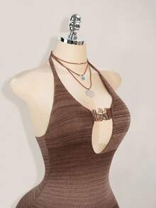 Sweetina Women's Sexy Backless Gradient Halter Neck Knit Dress - Brown - View 5