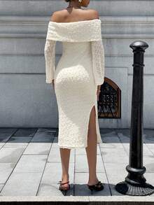 Chiquease Off Shoulder Knit Bodycon Dress, Sexy & Slimming, Long Sleeve - Apricot - View 2