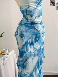 Soleia Plus Size Women Colorful Vintage Floral Print Draped Neck Layered Ruffle Hem Maxi Dress For Vacation