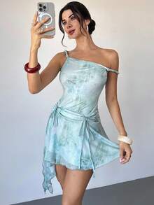 Firerie 女士优雅度假绿色渐变印花不对称飘逸连衣裙 - 綠色 - 查看 11