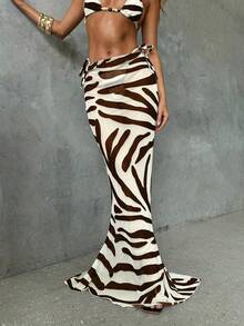 Aloruh 女式性感优雅复古热带雨林斑马图案连体泳衣，搭配低腰长鱼尾裙和沙滩裹身罩衫，春夏 - 棕色 - 查看 6