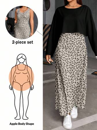 SHEIN Essnce 2pcs/Set Plus Size Women Floral Print Round Neck Long Sleeve T-Shirt & Sleeveless Maxi Dress, Casual Holiday Outfit, Autumn/Winter