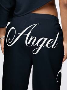 SUMWON WOMEN 奢华天使文字运动裤家居服舒适文字印花宽松休闲秋冬宽腿舒适时尚裤 - 藏蓝色 - 查看 4